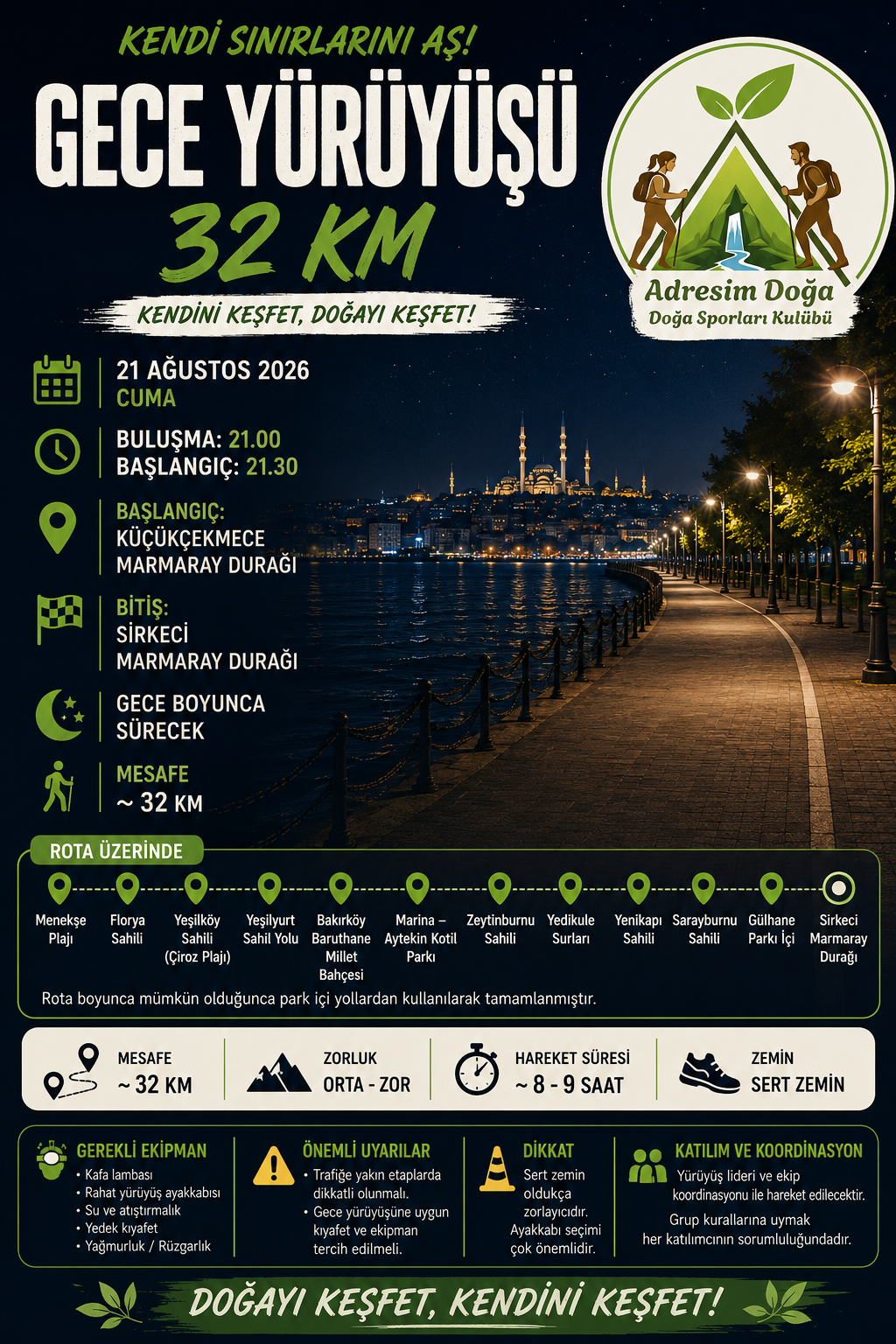 GECE PERFORMANS YÜRÜYÜŞÜ 32 KM